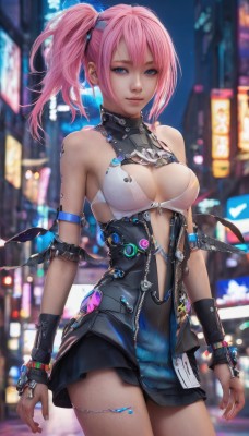 1girl,solo,long hair,breasts,looking at viewer,smile,blue eyes,skirt,dress,cleavage,bare shoulders,jewelry,medium breasts,standing,pink hair,cowboy shot,blurry,side ponytail,lips,clothing cutout,blurry background,zipper,short hair,closed mouth,outdoors,miniskirt,bra,bracelet,night,depth of field,short dress,ring,building,white bra,city