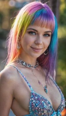 1girl,solo,long hair,breasts,looking at viewer,smile,bangs,blue eyes,blonde hair,cleavage,bare shoulders,jewelry,medium breasts,closed mouth,blue hair,collarbone,swimsuit,upper body,pink hair,purple hair,bikini,multicolored hair,earrings,blunt bangs,necklace,blurry,two-tone hair,lips,grey eyes,eyelashes,sideboob,gradient hair,depth of field,blurry background,gem,bikini top only,blue bikini,realistic,nose,strap gap,rainbow hair,artist name,makeup,watermark