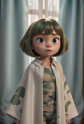 1girl,solo,looking at viewer,short hair,bangs,brown hair,shirt,long sleeves,brown eyes,closed mouth,standing,open clothes,pants,indoors,flat chest,lips,window,border,thick eyebrows,curtains,child,clenched hands,freckles,pajamas,female child,print shirt,oversized clothes,green hair,bob cut,realistic,nose