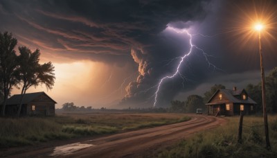 outdoors,sky,cloud,tree,no humans,window,sunlight,cloudy sky,grass,building,nature,scenery,sunset,mountain,fence,sun,electricity,road,house,lamppost,lightning,path,bush,hill