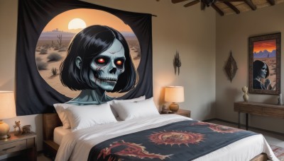 1girl,solo,short hair,black hair,red eyes,teeth,indoors,pillow,window,bed,colored skin,curtains,colored sclera,skull,blue skin,blanket,black sclera,lamp,photo (object),bedroom,grey skin,zombie,painting (object),horror (theme),undead,wings,tree,cup,blood,table,bat wings,sunset,mountain,candle,under covers,vase,fine art parody,picture (object)