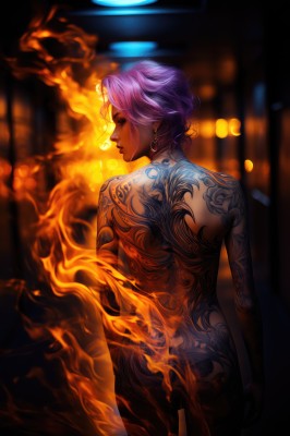 1girl,solo,short hair,jewelry,standing,closed eyes,pink hair,purple hair,ass,nude,cowboy shot,earrings,looking back,dark skin,from behind,blurry,dark-skinned female,tattoo,profile,makeup,blurry background,back,fire,smoke,cigarette,nose,smoking,arm tattoo,back tattoo,burning,full-body tattoo,artist name,completely nude,facial tattoo,neck tattoo