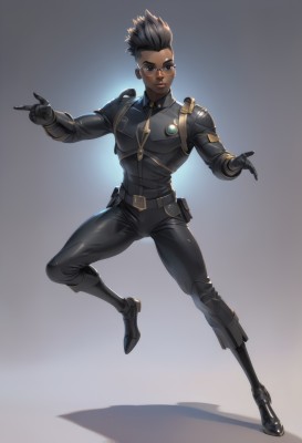 1girl,solo,looking at viewer,smile,short hair,black hair,gloves,1boy,brown eyes,standing,full body,male focus,glasses,black gloves,belt,pants,dark skin,grey background,armor,uniform,dark-skinned female,lips,bodysuit,sunglasses,dark-skinned male,standing on one leg,pouch,black bodysuit,undercut,boots,black eyes,spiked hair,very short hair,animification,very dark skin