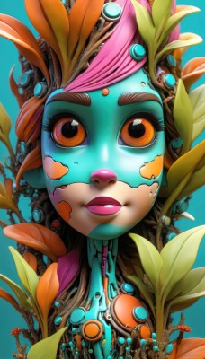 1girl,solo,looking at viewer,smile,open mouth,simple background,brown eyes,upper body,flower,parted lips,artist name,lips,orange eyes,makeup,colored skin,leaf,blue background,plant,robot,lipstick,portrait,pink hair,multicolored hair,monster girl,blue skin,colorful,orange skin