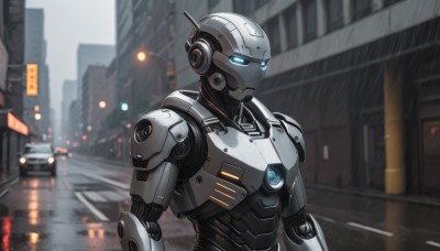 solo,blue eyes,1boy,upper body,male focus,outdoors,blurry,no humans,blurry background,glowing,robot,ground vehicle,building,mecha,glowing eyes,motor vehicle,science fiction,rain,city,android,car,road,joints,street,looking ahead,robot joints,humanoid robot,radio antenna,lights