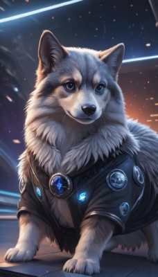 solo,looking at viewer,blue eyes,jewelry,jacket,black jacket,no humans,animal,brooch,gem,dog,animal focus,white fur,wolf,blue gemstone,clothed animal,fluffy,closed mouth,artist name,signature,blurry,blurry background,star (sky),fur collar,realistic,badge