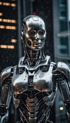 solo,looking at viewer,upper body,blurry,no humans,blurry background,robot,building,mecha,science fiction,rain,city,realistic,android,joints,cyborg,robot joints,cyberpunk,humanoid robot,1girl,orange eyes,glowing,mechanical parts