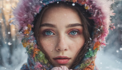 1girl, solo, looking at viewer, blue eyes, brown hair, hat, closed mouth, outdoors, mole, blurry, lips, eyelashes, mole under eye, portrait, snow, freckles, snowing, realistic, nose, winter