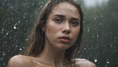 1girl, solo, long hair, brown hair, closed mouth, collarbone, black eyes, lips, wet, portrait, freckles, rain, water drop, realistic, nose, wet hair