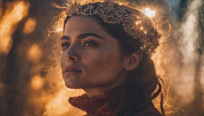 1girl,solo,long hair,brown hair,black hair,brown eyes,closed mouth,parted lips,dark skin,blurry,black eyes,dark-skinned female,lips,depth of field,blurry background,looking up,portrait,curly hair,realistic,nose,fantasy,looking at viewer,eyelashes,veil,smoke