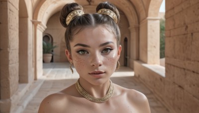 1girl,solo,looking at viewer,short hair,brown hair,black hair,hair ornament,bare shoulders,brown eyes,jewelry,collarbone,upper body,earrings,outdoors,parted lips,day,indoors,dark skin,necklace,hair bun,mole,blurry,dark-skinned female,lips,double bun,blurry background,plant,portrait,forehead,freckles,realistic,body freckles,dirty