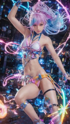 1girl,solo,long hair,breasts,looking at viewer,smile,bangs,blue eyes,navel,jewelry,medium breasts,underwear,blue hair,swimsuit,ponytail,weapon,pink hair,bikini,multicolored hair,earrings,belt,sword,necklace,bra,mole,blurry,arm up,bracelet,two-tone hair,lips,thigh strap,night,floating hair,blurry background,wristband,city,city lights,hair ornament,bare shoulders,pointy ears,gradient hair,watermark