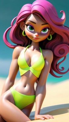 1girl,solo,long hair,breasts,looking at viewer,smile,navel,cleavage,jewelry,medium breasts,sitting,green eyes,collarbone,swimsuit,pink hair,bikini,earrings,outdoors,day,nail polish,lips,makeup,shadow,ocean,arm support,beach,lipstick,pink nails,eyeshadow,hoop earrings,green bikini,bare shoulders,cowboy shot,parted lips,midriff,colored skin,crossed legs,breasts apart,curly hair,yellow bikini