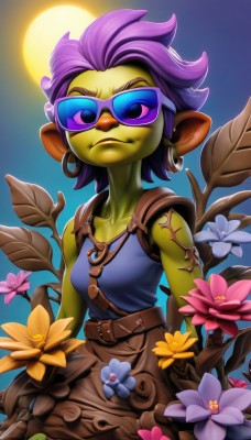 1girl,solo,breasts,looking at viewer,short hair,jewelry,sitting,closed mouth,collarbone,purple hair,flower,earrings,small breasts,sleeveless,pointy ears,belt,necklace,colored skin,frown,leaf,sunglasses,tank top,blue shirt,plant,pink flower,hoop earrings,yellow flower,purple flower,sun,green skin,tinted eyewear,fewer digits,goblin,dress,lips,moon,monster girl,pouch,branch,brown belt,belt pouch,yellow skin