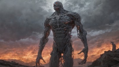 red eyes,1boy,standing,outdoors,sky,cloud,no humans,glowing,cloudy sky,robot,scenery,glowing eyes,claws,1other,science fiction,monster,giant,solo,muscular,veins,molten rock