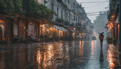 1girl, outdoors, sky, water, tree, umbrella, plant, ground vehicle, building, scenery, motor vehicle, reflection, rain, lantern, city, sign, car, road, power lines, lamppost, street, utility pole, puddle