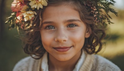 1girl,solo,looking at viewer,smile,short hair,brown hair,hair ornament,closed mouth,flower,hair flower,blurry,lips,grey eyes,depth of field,blurry background,leaf,portrait,realistic,nose,red lips,brown eyes,eyelashes,close-up