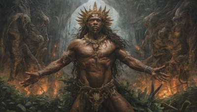 solo,long hair,open mouth,brown hair,black hair,1boy,navel,holding,jewelry,nipples,standing,weapon,male focus,cowboy shot,outdoors,wings,teeth,dark skin,necklace,bracelet,tree,tattoo,muscular,glowing,facial hair,abs,helmet,outstretched arms,fire,crown,pectorals,plant,muscular male,polearm,nature,glowing eyes,pelvic curtain,beard,armlet,forest,topless male,monster,spear,spread arms,loincloth,extra arms,statue,torch,tribal