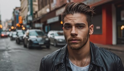 solo,looking at viewer,short hair,brown hair,shirt,black hair,1boy,brown eyes,jewelry,jacket,white shirt,upper body,male focus,outdoors,necklace,blurry,black jacket,blurry background,facial hair,ground vehicle,motor vehicle,beard,realistic,stubble,car,leather,undercut,leather jacket,photo background,closed mouth,day,lips,depth of field,scar,portrait,scar on face,city,road,street,bokeh