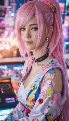 1girl,solo,long hair,breasts,looking at viewer,smile,bangs,hair ornament,brown eyes,jewelry,medium breasts,closed mouth,upper body,ponytail,pink hair,earrings,detached sleeves,japanese clothes,choker,kimono,necklace,blurry,black eyes,lips,grey eyes,sash,tattoo,makeup,depth of field,blurry background,facial mark,floral print,high ponytail,realistic,nose,bokeh,blue eyes,from side,swept bangs,black choker