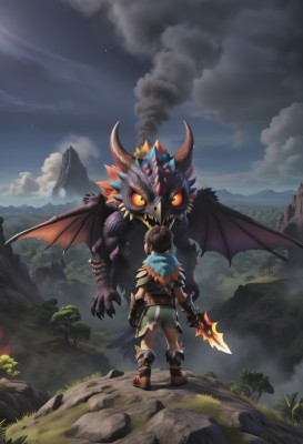 gloves,1boy,holding,blue hair,standing,tail,yellow eyes,weapon,male focus,boots,outdoors,wings,horns,sky,shorts,teeth,belt,sword,cloud,bag,from behind,holding weapon,armor,tree,orange eyes,night,glowing,brown footwear,holding sword,cloudy sky,grass,claws,smoke,colored sclera,monster,rock,mountain,fantasy,dragon,facing away,extra eyes,demon,1girl,short hair,brown hair,fur trim,sharp teeth,glowing eyes,size difference,spread wings