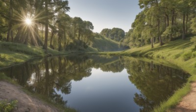 outdoors,sky,day,water,tree,no humans,sunlight,grass,plant,nature,scenery,forest,sun,road,river,landscape,path,cloud,blue sky,reflection,light rays,bush,reflective water