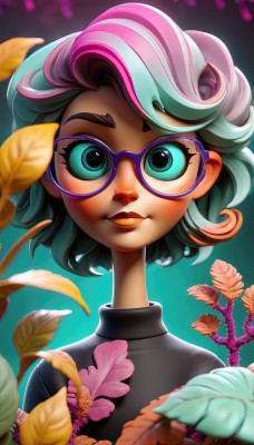 1girl,solo,looking at viewer,smile,short hair,closed mouth,green eyes,blue hair,upper body,pink hair,flower,multicolored hair,glasses,artist name,blurry,two-tone hair,aqua eyes,sweater,lips,streaked hair,gradient,gradient background,eyelashes,aqua hair,makeup,turtleneck,leaf,watermark,thick eyebrows,plant,lipstick,portrait,eyeshadow,freckles,round eyewear,blue eyes,shirt,green hair,web address,curly hair,nose,purple-framed eyewear