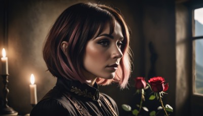 1girl,solo,short hair,brown hair,brown eyes,upper body,flower,parted lips,indoors,blurry,lips,window,blurry background,rose,bob cut,red flower,portrait,red rose,realistic,nose,candle,artist name,watermark,candlestand,candlelight