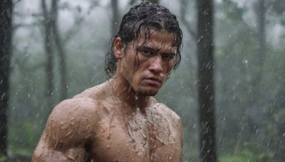 solo,looking at viewer,black hair,1boy,jewelry,closed mouth,upper body,male focus,outdoors,necklace,blurry,black eyes,tree,wet,blurry background,facial hair,nature,beard,forest,rain,topless male,realistic,wet hair,short hair,dark skin,blood,muscular,depth of field,dark-skinned male,pectorals,muscular male,manly