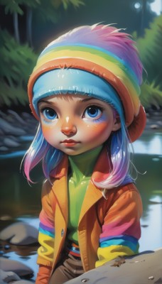 1girl,solo,long hair,looking at viewer,blush,blue eyes,shirt,long sleeves,hat,closed mouth,blue hair,jacket,upper body,pink hair,multicolored hair,outdoors,open clothes,belt,pants,water,open jacket,lips,makeup,lipstick,child,nature,multicolored clothes,beanie,female child,rainbow,multicolored headwear,purple hair,coat,freckles,realistic,nose