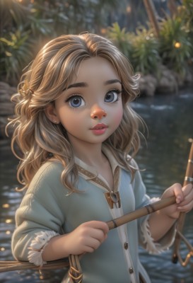 1girl,solo,long hair,looking at viewer,blue eyes,blonde hair,brown hair,shirt,hair ornament,long sleeves,holding,jewelry,upper body,earrings,outdoors,parted lips,water,necklace,blurry,lips,fingernails,blurry background,child,nature,freckles,female child,river,bangs,day,artist name,bag,tree,eyelashes,buttons,depth of field,wavy hair,thick eyebrows,plant,nose,stud earrings,stick