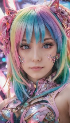 1girl,solo,long hair,breasts,looking at viewer,smile,bangs,blue eyes,hair ornament,bare shoulders,twintails,jewelry,medium breasts,closed mouth,blue hair,upper body,pink hair,heart,multicolored hair,green hair,blurry,two-tone hair,lips,eyelashes,aqua hair,gradient hair,makeup,blurry background,gem,portrait,pink lips,realistic,nose,mascara,short hair,flower,earrings,hair flower,facial mark,chinese clothes,close-up