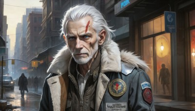 HQ,looking at viewer,blue eyes,shirt,1boy,closed mouth,standing,jacket,upper body,white hair,male focus,outdoors,multiple boys,open clothes,solo focus,collared shirt,2boys,uniform,vest,coat,fur trim,blood,facial hair,scar,ground vehicle,building,motor vehicle,beard,science fiction,pocket,blood on face,city,sign,realistic,mustache,emblem,fur-trimmed jacket,car,road,bald,old,badge,police,lamppost,old man,street,police uniform,crowd,cyberpunk,sky,signature,english text,lips,military,military uniform,zipper,reflection,fur collar,serious,logo,facepaint,leather