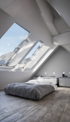 sky,day,cloud,indoors,blue sky,pillow,no humans,window,bed,shadow,table,sunlight,curtains,scenery,wooden floor,mountain,blanket,bedroom,still life,cabinet