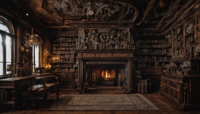 indoors,cup,book,no humans,window,chair,table,sunlight,bottle,fire,scenery,wooden floor,stairs,door,clock,bookshelf,lamp,candle,shelf,gears,carpet,candlestand,chandelier,globe,fireplace,loaded interior,plant,desk,fantasy