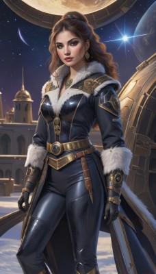 1girl,solo,long hair,breasts,looking at viewer,brown hair,gloves,cleavage,brown eyes,jewelry,medium breasts,standing,ponytail,earrings,boots,sky,black gloves,belt,pants,necklace,mole,lips,coat,fur trim,bodysuit,makeup,night,wavy hair,black pants,moon,lipstick,star (sky),night sky,eyeshadow,starry sky,red lips,space,leather,planet,earth (planet),tight pants,leather pants,parted lips,artist name,watermark,pendant,backlighting,realistic,nose,leather boots