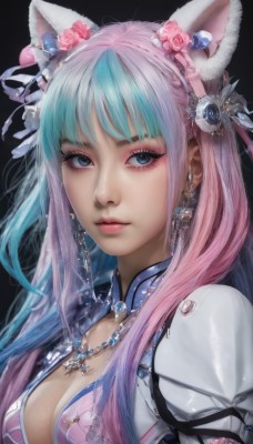 1girl,solo,long hair,breasts,looking at viewer,bangs,blue eyes,simple background,hair ornament,ribbon,animal ears,cleavage,jewelry,medium breasts,closed mouth,blue hair,upper body,pink hair,flower,multicolored hair,earrings,puffy sleeves,artist name,cat ears,hair flower,necklace,two-tone hair,lips,eyelashes,aqua hair,gradient hair,makeup,fake animal ears,rose,lipstick,black background,gem,pink flower,pendant,eyeshadow,realistic,nose,eyeliner,pink rose,mascara,hairband,streaked hair,expressionless,portrait,pink lips