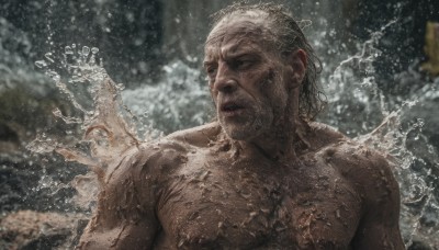 solo,1boy,closed eyes,upper body,male focus,nude,outdoors,parted lips,water,blurry,wet,muscular,facial hair,bug,muscular male,realistic,manly,splashing,chest hair,short hair,closed mouth,white hair,grey hair,blurry background,scar,looking away,pectorals,beard,scar on face,water drop,mature male,old,old man,wrinkled skin