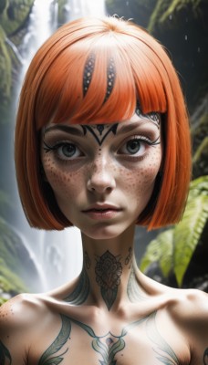 1girl,solo,breasts,looking at viewer,short hair,bangs,cleavage,collarbone,upper body,nude,red hair,small breasts,parted lips,artist name,blunt bangs,water,orange hair,mole,blurry,lips,grey eyes,eyelashes,tattoo,makeup,blurry background,bob cut,portrait,freckles,realistic,chest tattoo,waterfall,neck tattoo,green eyes,leaf,watermark,plant,web address,dirty