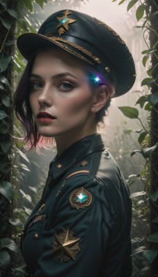 1girl,solo,breasts,looking at viewer,short hair,blue eyes,shirt,black hair,hat,jewelry,upper body,earrings,outdoors,parted lips,necktie,day,artist name,star (symbol),mole,uniform,black eyes,from side,tree,lips,grey eyes,military,mole under eye,black headwear,military uniform,makeup,leaf,piercing,plant,lipstick,ear piercing,peaked cap,black necktie,freckles,military hat,realistic,nose,emblem,red lips,stud earrings,badge,police,police uniform,policewoman,police hat,jacket,collared shirt,eyelashes,nature,eyeshadow,epaulettes,eyeliner,military jacket,mascara,mole on cheek