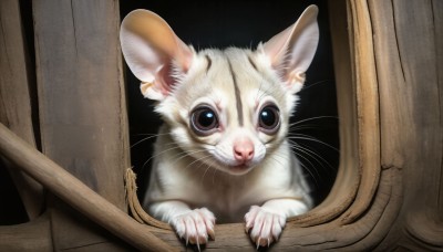 HQ,solo,looking at viewer,brown eyes,closed mouth,black eyes,no humans,animal,cat,black background,realistic,door,animal focus,white fur,mouse,whiskers,jewelry,earrings