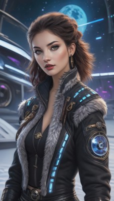 1girl,solo,long hair,breasts,looking at viewer,brown hair,cleavage,brown eyes,jewelry,medium breasts,jacket,upper body,earrings,parted lips,open clothes,sky,belt,medium hair,lips,coat,black jacket,fur trim,makeup,night,moon,lipstick,star (sky),night sky,full moon,eyeshadow,zipper,starry sky,freckles,science fiction,realistic,nose,red lips,space,leather,planet,artist name,signature,open jacket,forehead,backlighting,fur collar,eyeliner