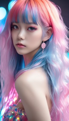 1girl,solo,long hair,breasts,looking at viewer,bangs,dress,bare shoulders,jewelry,closed mouth,blue hair,upper body,pink hair,multicolored hair,earrings,blunt bangs,black eyes,from side,two-tone hair,lips,grey eyes,eyelashes,makeup,gem,eyeshadow,realistic,nose,eyeliner,mascara,gradient hair,watermark,wavy hair,expressionless,lipstick,pink lips