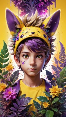 solo,looking at viewer,short hair,bangs,shirt,1boy,animal ears,brown eyes,closed mouth,yellow eyes,upper body,purple hair,flower,male focus,hairband,artist name,signature,mole,lips,fake animal ears,leaf,facial mark,plant,portrait,yellow background,androgynous,freckles,yellow shirt,realistic,yellow flower,nose,purple flower,facepaint,brown hair,hat,hood,hoodie,web address,male child,animal hat,paint