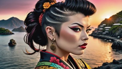 1girl,solo,looking at viewer,black hair,hair ornament,brown eyes,jewelry,closed mouth,flower,multicolored hair,earrings,outdoors,japanese clothes,hair flower,kimono,water,hair bun,black eyes,from side,lips,eyelashes,makeup,floral print,lipstick,portrait,eyeshadow,sunset,rock,mountain,realistic,nose,red lips,eyeliner,piercing