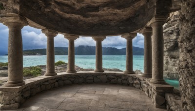 outdoors,sky,day,cloud,water,tree,blue sky,no humans,ocean,cloudy sky,scenery,rock,mountain,horizon,ruins,pillar,landscape,arch,column