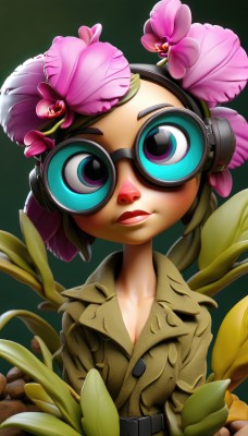 1girl,solo,breasts,looking at viewer,short hair,blue eyes,simple background,hair ornament,cleavage,closed mouth,upper body,flower,small breasts,glasses,belt,hair flower,lips,makeup,headphones,leaf,plant,lipstick,goggles,buckle,pink flower,green background,red lips,brown hair,uniform,military,military uniform,sunglasses