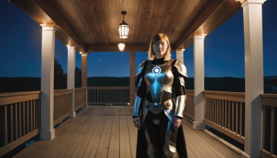 1girl,solo,long hair,blonde hair,gloves,standing,sky,armor,night,glowing,shoulder armor,star (sky),night sky,clenched hands,starry sky,pauldrons,breastplate,vambraces,short hair,blue eyes,brown hair,brown eyes,lips,bodysuit,lantern,nose,superhero