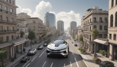 outdoors,sky,day,cloud,tree,blue sky,no humans,window,shadow,ground vehicle,building,scenery,motor vehicle,city,car,road,cityscape,vehicle focus,lamppost,street,skyscraper,truck,crosswalk,plant,bush,sports car,real world location