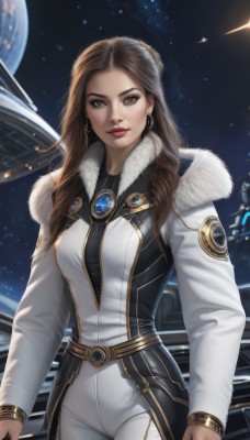 1girl,solo,long hair,breasts,looking at viewer,brown hair,long sleeves,brown eyes,jewelry,medium breasts,cowboy shot,earrings,sky,belt,pants,lips,coat,fur trim,bodysuit,makeup,lipstick,star (sky),starry sky,science fiction,hoop earrings,realistic,white pants,nose,white coat,red lips,space,white bodysuit,planet,earth (planet),spacecraft,holding,standing,artist name,gem,forehead